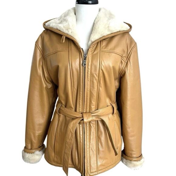 Wilsons Leather Penny Lane Belted Jacket S Y2K Coat Faux Fur Hood Cabincore Boho - Picture 2 of 16